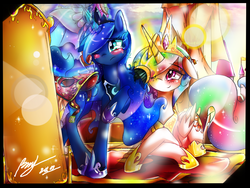 Size: 2000x1500 | Tagged: safe, artist:dishwasher1910, princess celestia, princess luna, g4, blushing, clothes, dress, gala dress