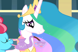 Size: 960x640 | Tagged: safe, screencap, cup cake, princess celestia, alicorn, earth pony, pony, g4, season 1, crown, cup, duo, duo female, eyes closed, female, jewelry, levitation, magic, mare, regalia, tea, teacup, teapot, telekinesis