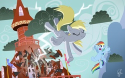 Size: 1920x1200 | Tagged: safe, artist:glancojusticar, derpy hooves, rainbow dash, pegasus, pony, g4, the last roundup, bucking, cloud, cloudy, deleted scene, destruction, duo, eyes closed, female, lightning, mare, ponyville, ponyville town hall, scene interpretation, stormcloud, town hall