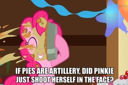 Size: 960x640 | Tagged: safe, edit, edited screencap, screencap, pinkie pie, a bird in the hoof, g4, caption, headcanon, image macro, meta, pie