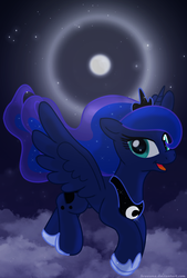 Size: 688x1018 | Tagged: safe, artist:bswprecious, princess luna, pony, g4, cloud, cloudy, female, flying, moon, night, solo