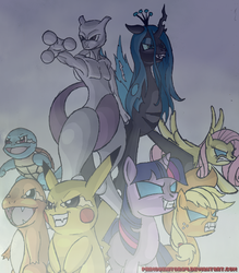 Size: 1252x1430 | Tagged: safe, artist:primogenitor34, applejack, fluttershy, queen chrysalis, twilight sparkle, charmander, mewtwo, pikachu, squirtle, g4, crossover, pokémon