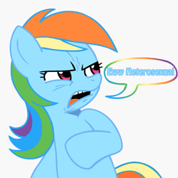 Size: 945x945 | Tagged: safe, rainbow dash, pony, g4, ew gay, female, heterophobia, inverted meme, lesbian, meme, solo