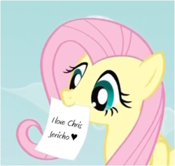 Size: 390x372 | Tagged: safe, fluttershy, g4, chris jericho, exploitable meme, fluttershy's note meme, font issues, font:amienne, heart, meme, mouth hold, sexy-ass font