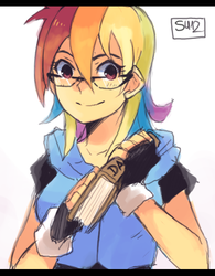 Size: 423x542 | Tagged: safe, artist:suikuzu, rainbow dash, human, g4, book, glasses, humanized, rainbow dork