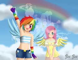 Size: 3299x2549 | Tagged: safe, artist:zeezeepearl, fluttershy, rainbow dash, human, g4, bandeau, belly button, blushing, clothes, cloud, cloudsdale, cloudy, cute, dashabetes, flattershy, high res, humanized, midriff, rainbow, shyabetes, skirt, winged humanization, young, younger