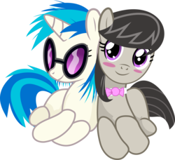 Size: 5185x4730 | Tagged: safe, artist:uxyd, dj pon-3, octavia melody, vinyl scratch, earth pony, pony, unicorn, g4, absurd resolution, blushing, cute, duo, filly, simple background, transparent background