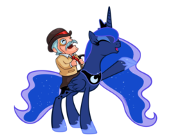 Size: 875x700 | Tagged: safe, artist:elbruno3593, princess luna, alicorn, human, pony, g4, british, crossover, eyes closed, female, henry hatsworth, henry hatsworth in the puzzling adventure, humans riding ponies, jewelry, mare, raised hoof, regalia, riding, simple background, transparent background, vector