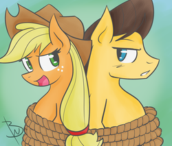 Size: 2000x1700 | Tagged: safe, artist:blackswhites, applejack, caramel, earth pony, pony, g4, bondage, female, male, mare, rope, ship:carajack, shipping, stallion, straight, tied up