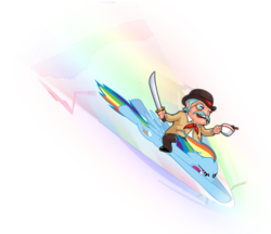 Size: 809x700 | Tagged: safe, artist:elbruno3593, rainbow dash, human, pegasus, pony, g4, britain, british, crossover, female, henry hatsworth, henry hatsworth in the puzzling adventure, mare, riding, simple background, sonic rainboom, sword, tea, tea time, transparent background, vector