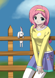 Size: 712x1000 | Tagged: safe, artist:darkwolfalika, angel bunny, fluttershy, human, rabbit, g4, animal, clothes, headband, humanized, skirt