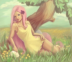 Size: 1000x863 | Tagged: safe, artist:aveeshtar, fluttershy, human, rabbit, g4, animal, clothes, curvy, dress, female, frilly dress, humanized