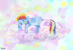 Size: 1912x1300 | Tagged: safe, artist:queridoor, rainbow dash, g4, cloud, cloudy, sleeping