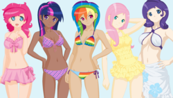 Size: 1920x1080 | Tagged: safe, artist:sakurablitz, fluttershy, pinkie pie, rainbow dash, rarity, twilight sparkle, human, g4, belly button, bikini, clothes, dark skin, humanized, one-piece swimsuit, skirt, swimsuit, wallpaper