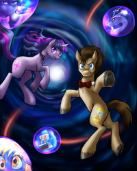 Size: 3200x4000 | Tagged: safe, artist:jitterbugjive, derpy hooves, discord, doctor whooves, octavia melody, time turner, twilight sparkle, draconequus, earth pony, pegasus, pony, unicorn, g4, bowtie, doctor who, female, male, mare, stallion, the doctor, time vortex