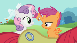 Size: 1280x720 | Tagged: safe, artist:capnpea, edit, edited screencap, screencap, scootaloo, sweetie belle, g4, my little pony: friendship is magic, the cutie pox, fimbriae, wat