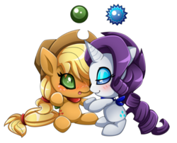 Size: 900x728 | Tagged: dead source, safe, artist:extra-fenix, applejack, rarity, chao, g4, blushing, commission, commissioner:tailsic, crossover, dark chao, female, lesbian, neutral chao, ship:rarijack, shipping, simple background, sonic the hedgehog (series), species swap, transparent background