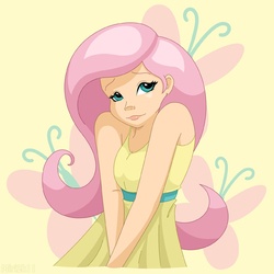 Size: 900x900 | Tagged: safe, artist:prettykitty, fluttershy, human, g4, clothes, dress, humanized, solo