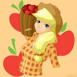 Size: 900x900 | Tagged: safe, artist:blackgryph0n, artist:prettykitty, applejack, human, g4, cutie mark, female, humanized, solo