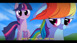 Size: 1280x720 | Tagged: safe, artist:squiby-327, rainbow dash, twilight sparkle, g4, anime, blushing, caption, female, lesbian, ship:twidash, shipping