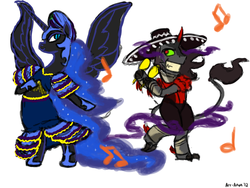 Size: 900x675 | Tagged: safe, artist:aa, king sombra, nightmare moon, pony, unicorn, g4, bipedal, claws, clothes, dancing, dress, duo, ethereal mane, female, king sombrero, male, maracas, mare, music notes, musical instrument, shipping, sombramoon, sombrero, stallion, starry mane, straight