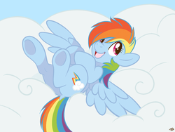 Size: 1024x768 | Tagged: dead source, safe, artist:fizzy-dog, rainbow dash, pegasus, pony, g4, butt, cloud, cloudy, cute, dashabetes, female, happy, looking at you, on a cloud, on back, plot, smiling, solo, spread wings, underhoof, wings