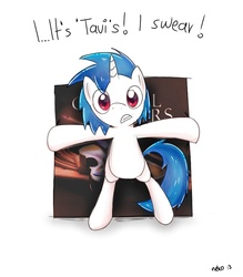 Size: 700x800 | Tagged: safe, artist:mcsadat, dj pon-3, vinyl scratch, pony, g4, bipedal, female, looking at you, poster, simple background, solo, speech, white background