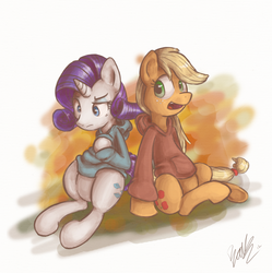 Size: 900x902 | Tagged: safe, artist:waywardtrail, artist:zestyoranges, applejack, rarity, g4, clothes, female, hoodie, lesbian, ship:rarijack, shipping