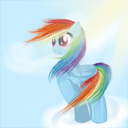 Size: 900x900 | Tagged: safe, artist:moonsharddragon, rainbow dash, pegasus, pony, g4, cloud, female, folded wings, mare, raised hoof, sky, smiling, solo, windswept mane, wings