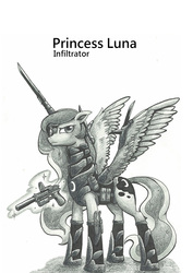 Size: 1240x1748 | Tagged: safe, artist:george5408, princess luna, g4, armor, gun, monochrome, pencil drawing, sketch, traditional art, warrior luna