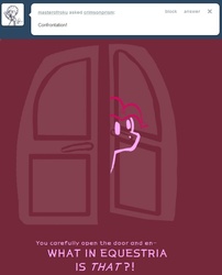 Size: 700x868 | Tagged: dead source, safe, pinkie pie, earth pony, pony, g4, ask, crimson prism, door, female, simple background, solo, text