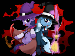 Size: 1400x1050 | Tagged: safe, artist:hoyeechun, trixie, twilight sparkle, pony, unicorn, g4, broom, costume, female, halloween, lesbian, magic, mare, nightmare night, ship:twixie, shipping, unicorn twilight, witch