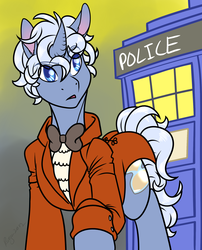 Size: 1700x2100 | Tagged: safe, artist:rozga, doctor whooves, time turner, pony, unicorn, g4, crossover, doctor who, jon pertwee, male, ponified, stallion, tardis, the doctor, third doctor