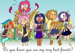 Size: 1123x794 | Tagged: safe, artist:color-cartridge, artist:trotsworth, applejack, fluttershy, pinkie pie, rainbow dash, rarity, twilight sparkle, human, g4, clothes, dark skin, humanized, mane six, skirt