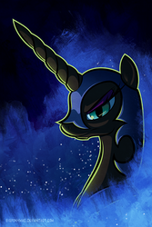 Size: 575x863 | Tagged: safe, artist:bigponymac, nightmare moon, alicorn, pony, g4, bust, female, helmet, lidded eyes, mare, portrait, solo