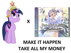 Size: 1294x975 | Tagged: safe, artist:ryoki-fureaokibi, twilight sparkle, g4, all caps, big crown thingy, element of magic, elements of harmony, exploitable meme, game, make it happen, meme, meta, princess maker, tiara