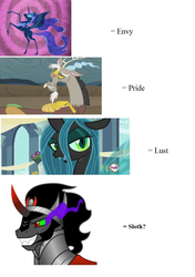 Size: 880x1252 | Tagged: safe, discord, king sombra, nightmare moon, queen chrysalis, alicorn, changeling, changeling queen, draconequus, pony, umbrum, unicorn, g4, season 3, sin of envy, sin of lust, sin of pride, sin of sloth, text