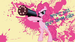 Size: 1920x1080 | Tagged: safe, artist:emeralddarkness, pinkie pie, g4, cake, rocket launcher, wallpaper