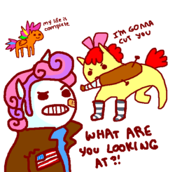 Size: 548x537 | Tagged: safe, artist:seniorpony, apple bloom, scootaloo, sweetie belle, g4, :c, >:c, american flag, bandage, baseball bat, clothes, cutie mark crusaders, dot eyes, dyed mane, dyed tail, frown, jacket, leather, leather jacket, ms paint, no nose, popped collar, sideburns, smiley face, socks, spiky mane, tail