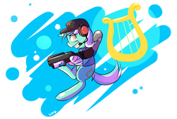 Size: 1236x836 | Tagged: safe, artist:haute-claire, lyra heartstrings, pony, unicorn, g4, cap, clothes, commission, female, grin, hat, headset, mare, smiling, team fortress 2, weapon