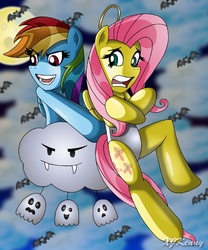 Size: 550x660 | Tagged: safe, artist:xjkenny, fluttershy, rainbow dash, g4, clothes, cloud, cloudy, leotard, moon