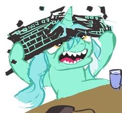 Size: 1500x1393 | Tagged: dead source, safe, artist:chiapetofdoom, lyra heartstrings, pony, unicorn, g4, angry, female, keyboard, mare, reaction image, simple background, solo, white background