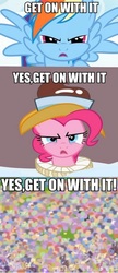 Size: 652x1513 | Tagged: safe, chancellor puddinghead, pinkie pie, rainbow dash, g4, comic, crowd, get on with it, image macro, monty python, monty python and the holy grail