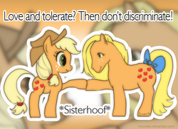 Size: 864x629 | Tagged: safe, artist:hinoraito, applejack, applejack (g1), g1, g4, generational ponidox, hoofbump, love and tolerate