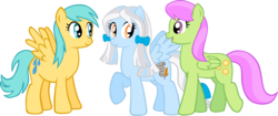 Size: 2879x1214 | Tagged: safe, artist:ludiculouspegasus, merry may, sunshower raindrops, oc, pony, g4, background pony, female, simple background, transparent background, trio, trio female