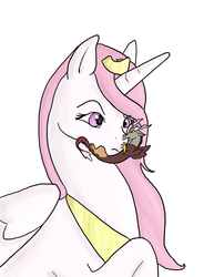 Size: 2550x3300 | Tagged: safe, artist:mistylake, discord, princess celestia, g4, biting, female, high res, male, micro, ship:dislestia, shipping, size difference, straight, tiny