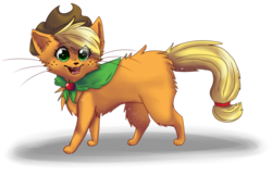 Size: 5000x3230 | Tagged: safe, artist:rizusaur, applejack, cat, g4, catified, cowboy hat, cute, cute little fangs, fangs, female, fluffy, hat, open mouth, paws, simple background, solo, species swap, transparent background, wingding eyes