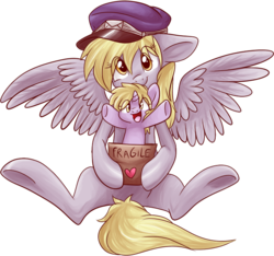Size: 666x623 | Tagged: safe, artist:fizzy-dog, derpy hooves, dinky hooves, pegasus, pony, g4, cute, derpabetes, dinkabetes, equestria's best mother, female, filly, hat, heart, looking at you, mail, mare, open mouth, package, simple background, sitting, transparent background