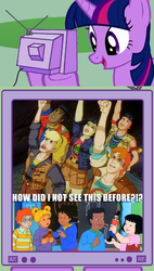 Size: 563x989 | Tagged: safe, twilight sparkle, human, pony, unicorn, g4, arnold perlstein, captain planet and the planeteers, carlos ramón, dorothy ann hudson, exploitable meme, gi (captain planet), james wheeler, kwame, linka, ma-ti, magic school bus, meme, theory, tim wright, tlc, tv meme, wanda li