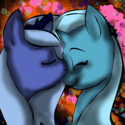 Size: 500x500 | Tagged: safe, artist:hotpinkponygurl, princess luna, trixie, g4, female, happy, kissing, lesbian, luxie, shipping, smiling